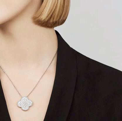 [⭐JeweliWhal]COLLIER EN ARGENT GRAND PENDENTIF TRÈFLE 25MM PAVÉ DE DIAMANTS