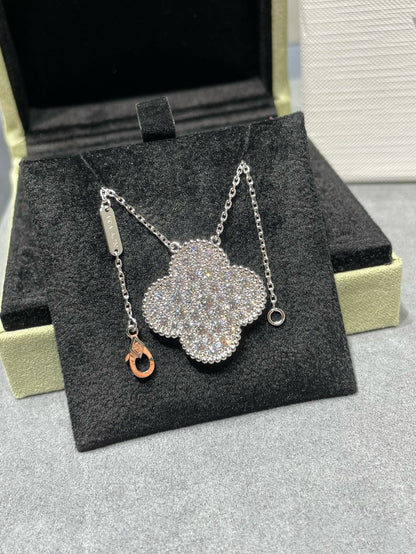 [⭐JeweliWhal]COLLIER EN ARGENT GRAND PENDENTIF TRÈFLE 25MM PAVÉ DE DIAMANTS