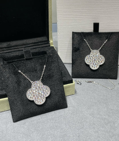 [⭐JeweliWhal]COLLIER EN ARGENT GRAND PENDENTIF TRÈFLE 25MM PAVÉ DE DIAMANTS