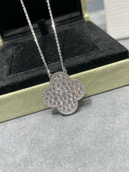 [⭐JeweliWhal]COLLIER EN ARGENT GRAND PENDENTIF TRÈFLE 25MM PAVÉ DE DIAMANTS