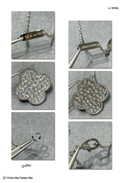 [⭐JeweliWhal]COLLIER EN ARGENT GRAND PENDENTIF TRÈFLE 25MM PAVÉ DE DIAMANTS