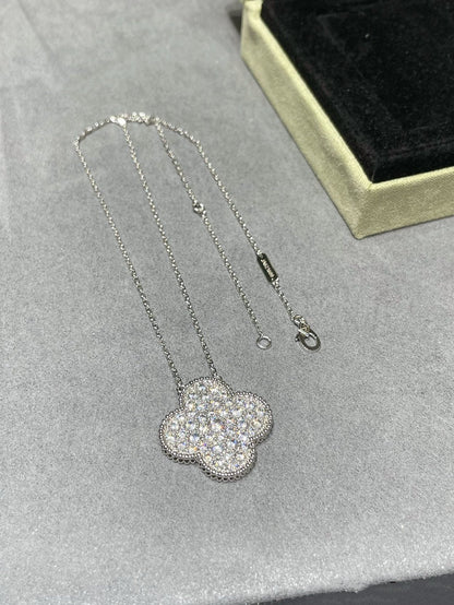 [⭐JeweliWhal]COLLIER EN ARGENT GRAND PENDENTIF TRÈFLE 25MM PAVÉ DE DIAMANTS