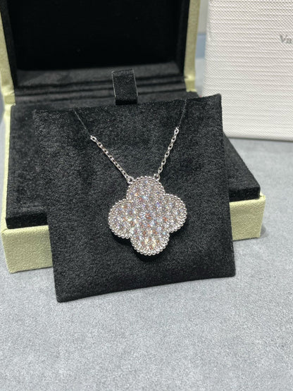 [⭐JeweliWhal]COLLIER EN ARGENT GRAND PENDENTIF TRÈFLE 25MM PAVÉ DE DIAMANTS