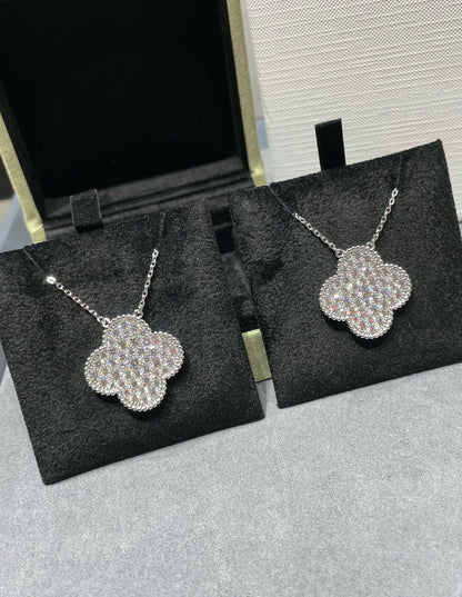 [⭐JeweliWhal]COLLIER EN ARGENT GRAND PENDENTIF TRÈFLE 25MM PAVÉ DE DIAMANTS