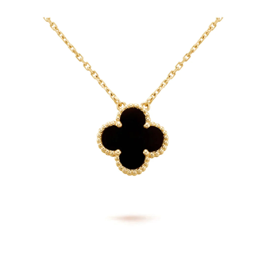 [⭐JeweliWhal]COLLIER FLEUR UNIQUE 15MM ONYX NOIR TRÈFLE