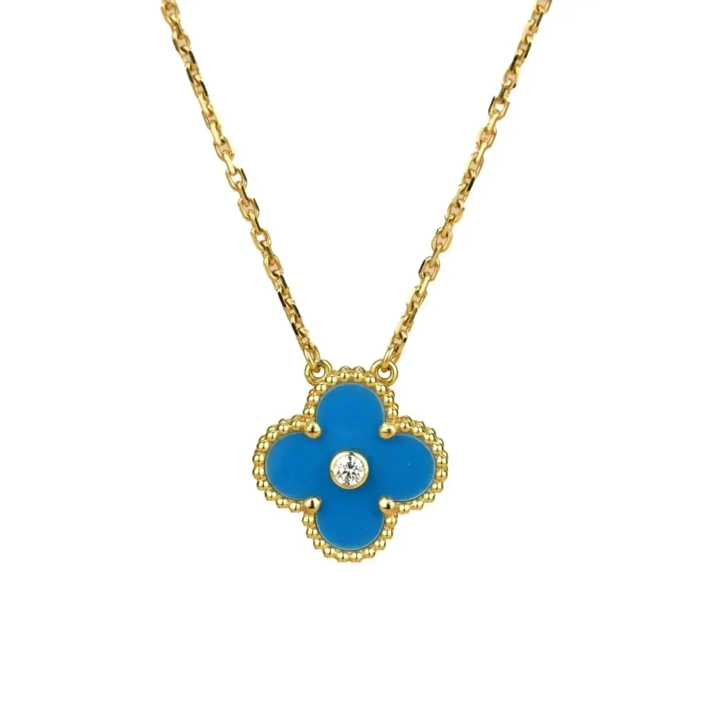 [⭐JeweliWhal]COLLIER TRÈFLE 15 MM DIAMANT ET AGATE BLEUE