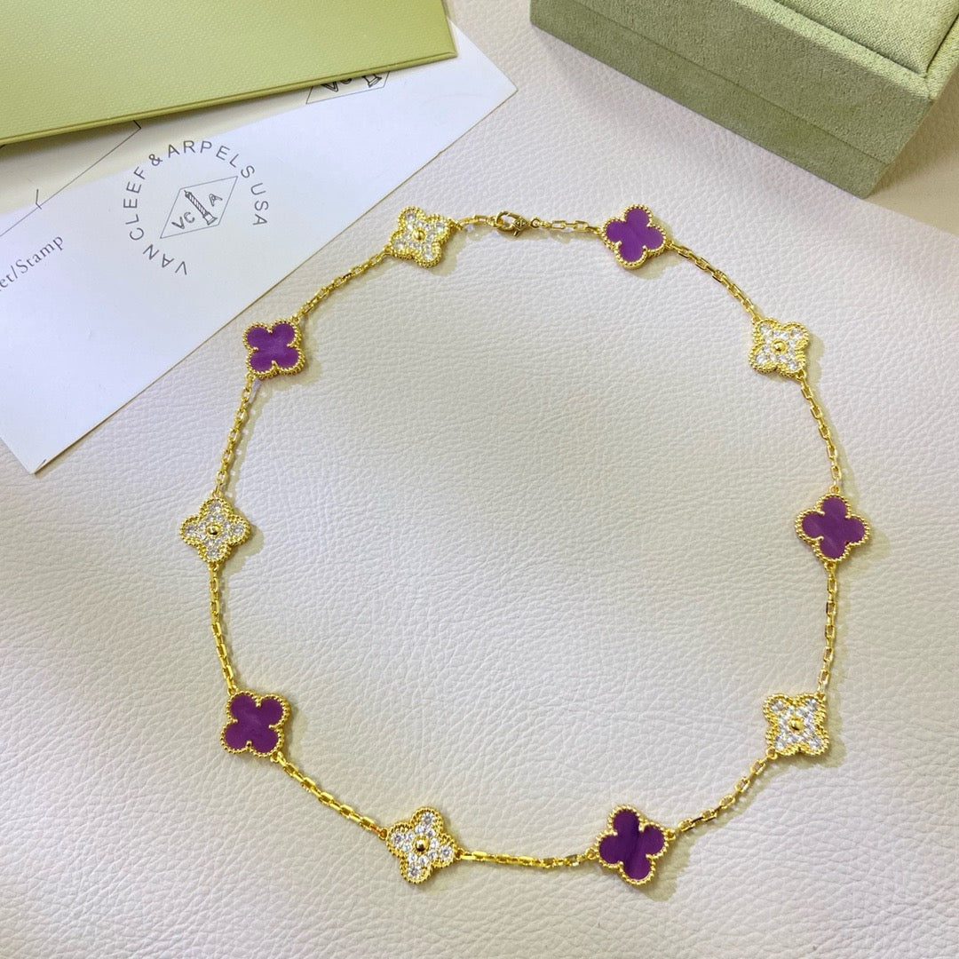 [⭐JeweliWhal Jewelry]COLLIER TRÈFLE 10 MOTIFS VIOLET DIAMANT