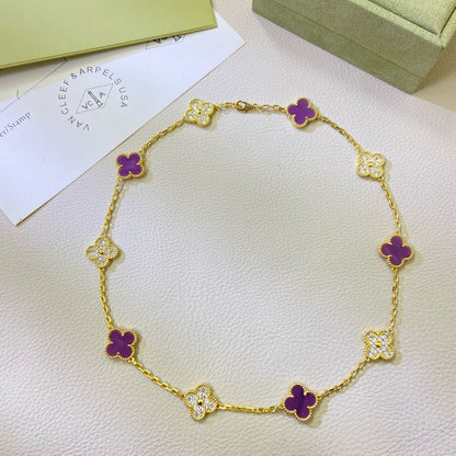 [⭐JeweliWhal Jewelry]COLLIER TRÈFLE 10 MOTIFS VIOLET DIAMANT