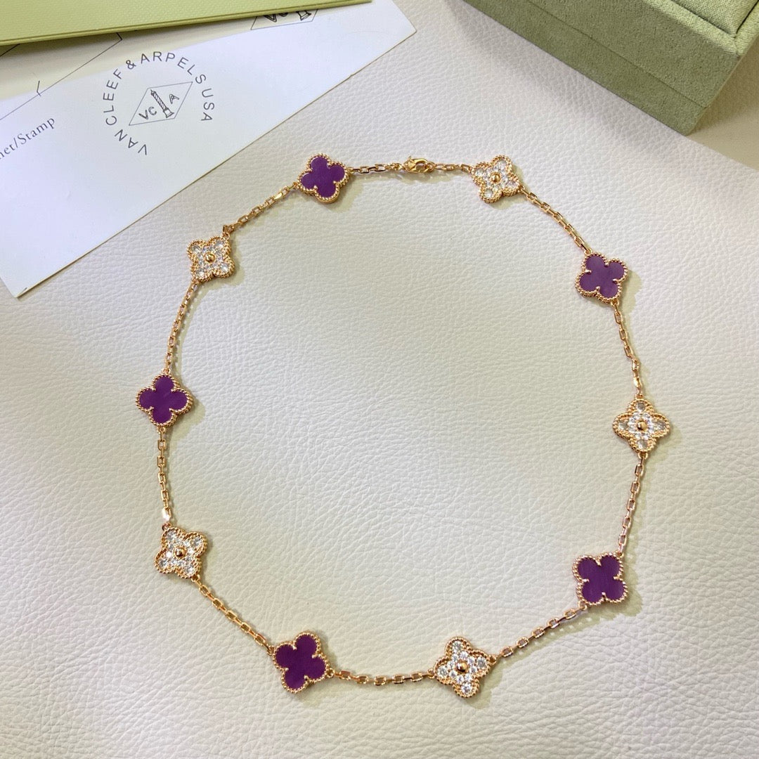 [⭐JeweliWhal Jewelry]COLLIER TRÈFLE 10 MOTIFS VIOLET DIAMANT