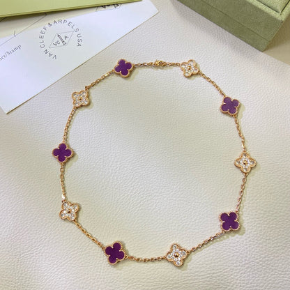 [⭐JeweliWhal Jewelry]COLLIER TRÈFLE 10 MOTIFS VIOLET DIAMANT