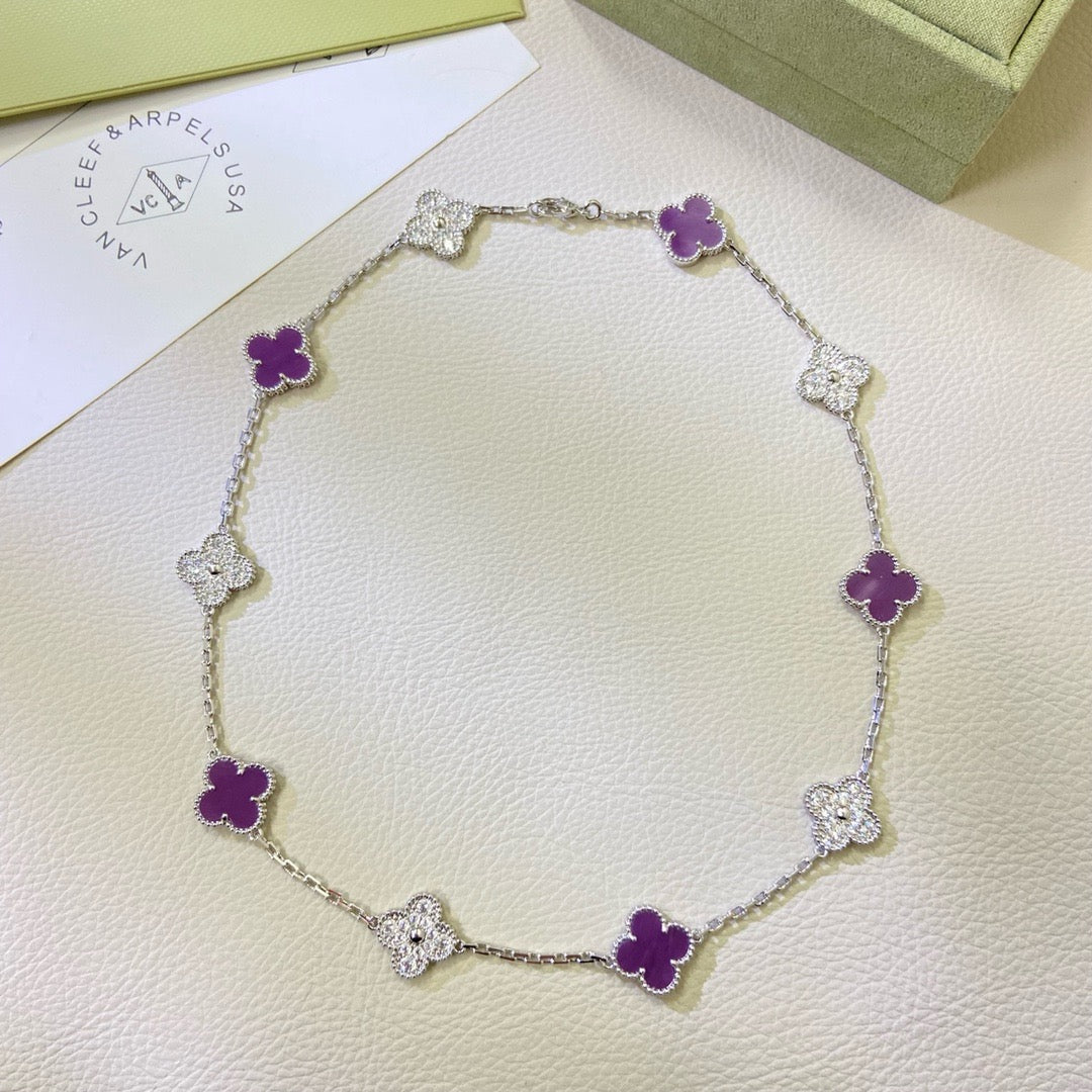 [⭐JeweliWhal Jewelry]COLLIER TRÈFLE 10 MOTIFS VIOLET DIAMANT