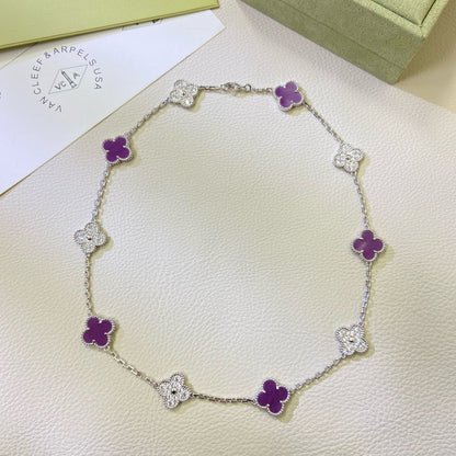 [⭐JeweliWhal Jewelry]COLLIER TRÈFLE 10 MOTIFS VIOLET DIAMANT