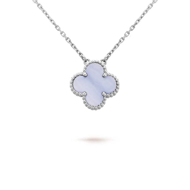 [⭐JeweliWhal]COLLIER TRÈFLE 15 MM CALCÉDOINE BLEUE ARGENT