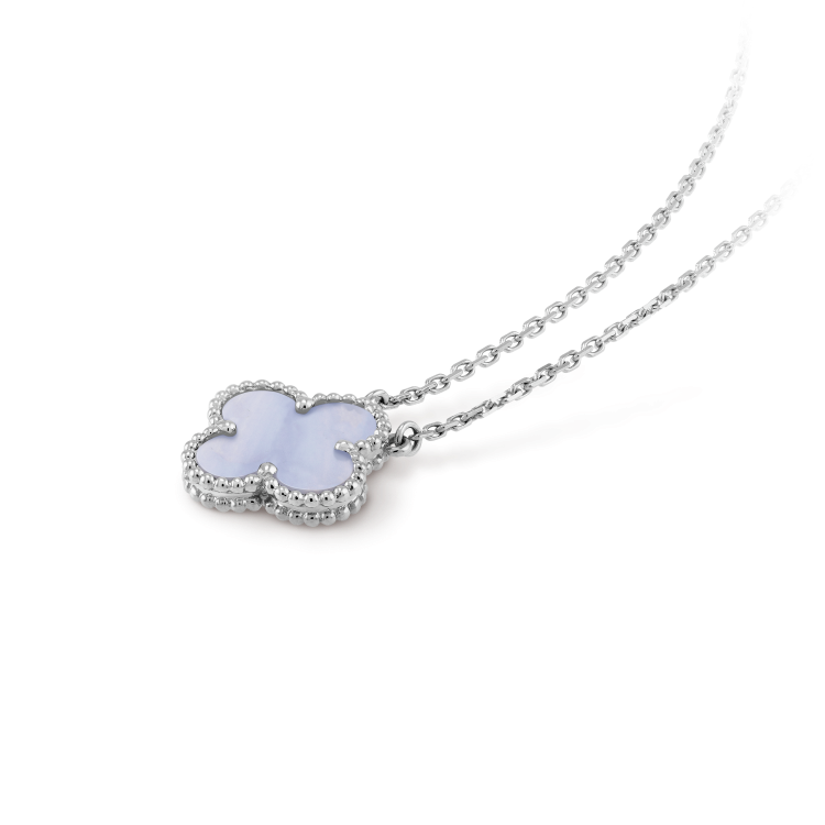 [⭐JeweliWhal]COLLIER TRÈFLE 15 MM CALCÉDOINE BLEUE ARGENT