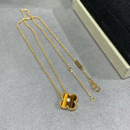 [⭐JeweliWhal]Collier TRÈFLE 15MM DIAMANT ET AGATE ŒIL DE TIGRE JAUNE