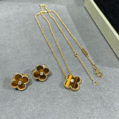 [⭐JeweliWhal]Collier TRÈFLE 15MM DIAMANT ET AGATE ŒIL DE TIGRE JAUNE