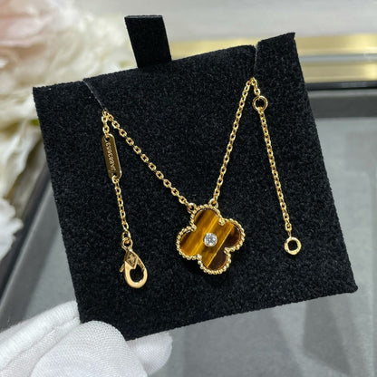 [⭐JeweliWhal]Collier TRÈFLE 15MM DIAMANT ET AGATE ŒIL DE TIGRE JAUNE