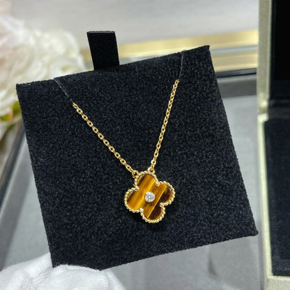 [⭐JeweliWhal]Collier TRÈFLE 15MM DIAMANT ET AGATE ŒIL DE TIGRE JAUNE