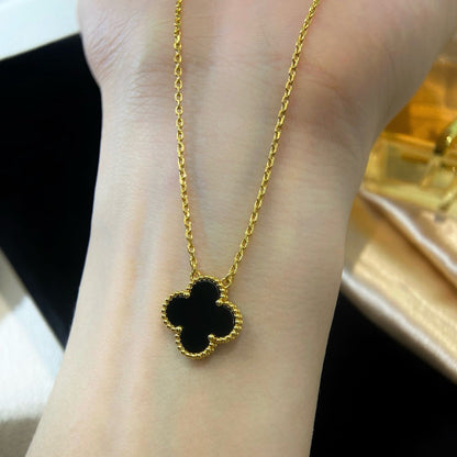 [⭐JeweliWhal]COLLIER FLEUR UNIQUE 15MM ONYX NOIR TRÈFLE