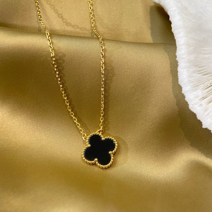 [⭐JeweliWhal]COLLIER FLEUR UNIQUE 15MM ONYX NOIR TRÈFLE