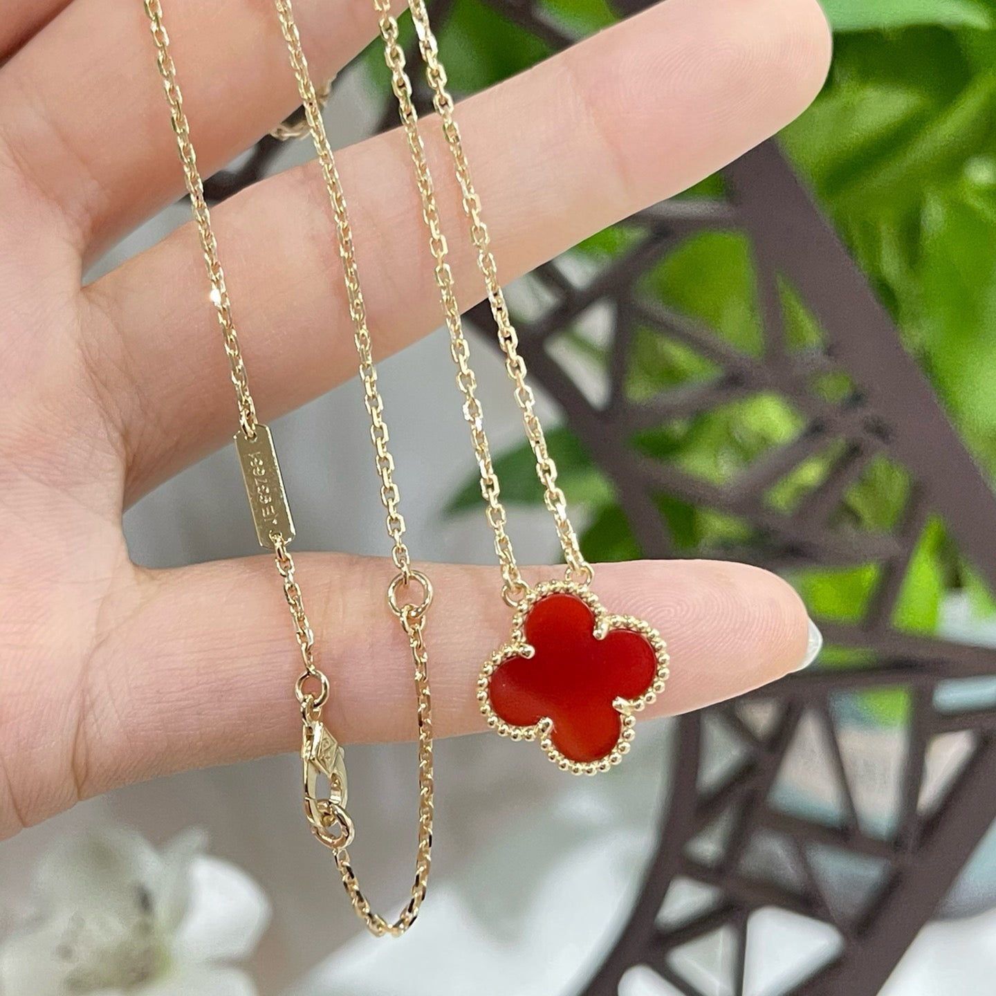 [⭐JeweliWhal]COLLIER FLEUR UNIQUE 15MM CORNALINE TRÈFLE