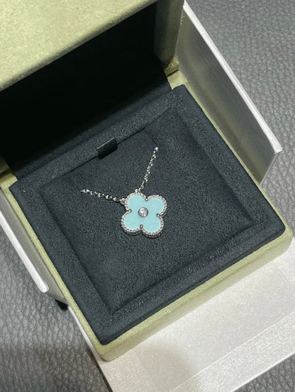 [⭐JeweliWhal]COLLIER EN ARGENT CLOVER 1 DIAMANT BLEU CLAIR