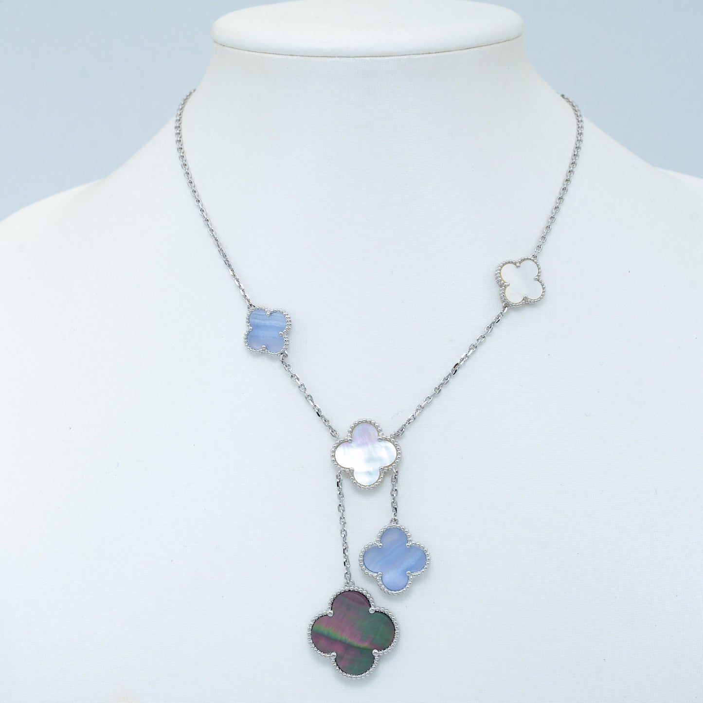 [⭐JeweliWhal]COLLIER TRÈFLE MOP CHALCEDOINE ARGENT 6 MOTIFS