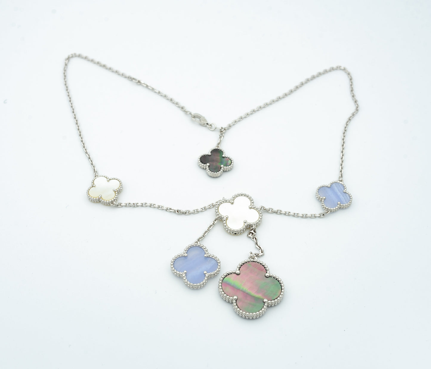 [⭐JeweliWhal]COLLIER TRÈFLE MOP CHALCEDOINE ARGENT 6 MOTIFS