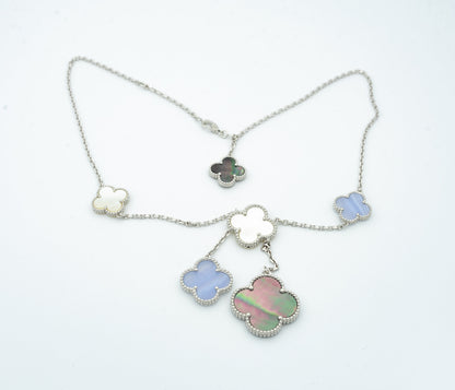 [⭐JeweliWhal]COLLIER TRÈFLE MOP CHALCEDOINE ARGENT 6 MOTIFS