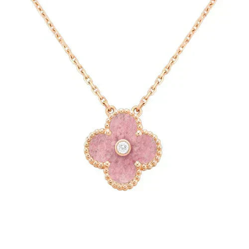 [⭐JeweliWhal]COLLIER TRÈFLE 15 MM DIAMANT RHODONITE