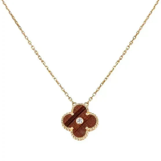 [⭐JeweliWhal]Collier TRÈFLE 15MM DIAMANT ET AGATE ŒIL DE TIGRE JAUNE
