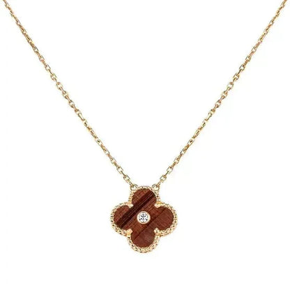 [⭐JeweliWhal]Collier TRÈFLE 15MM DIAMANT ET AGATE ŒIL DE TIGRE JAUNE