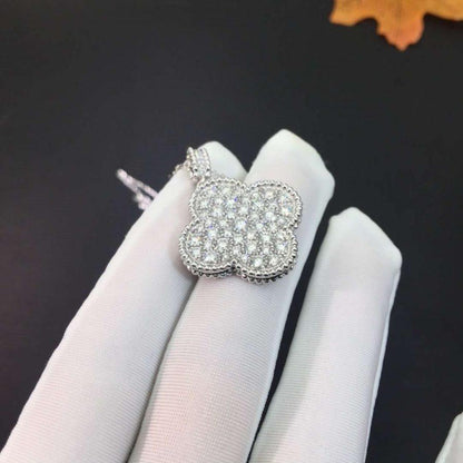 [⭐JeweliWhal]COLLIER GRAND TRÈFLE 25 MM ARGENT ENTIÈREMENT SERTI DE DIAMANTS