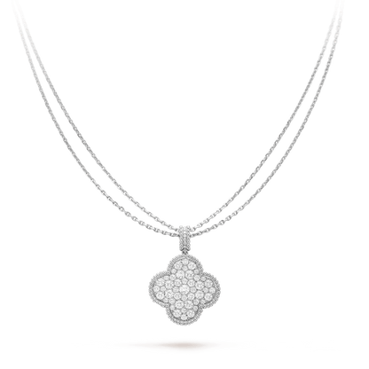 [⭐JeweliWhal]COLLIER GRAND TRÈFLE 25 MM ARGENT ENTIÈREMENT SERTI DE DIAMANTS