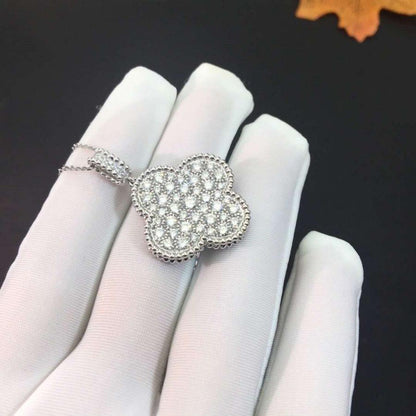 [⭐JeweliWhal]COLLIER GRAND TRÈFLE 25 MM ARGENT ENTIÈREMENT SERTI DE DIAMANTS