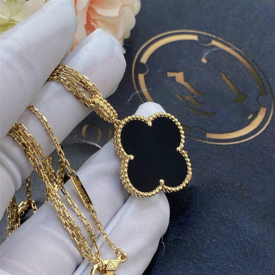 [⭐JeweliWhal]COLLIER TRÈFLE 25MM ONYX PLAQUÉ OR GRAND TRÈFLE