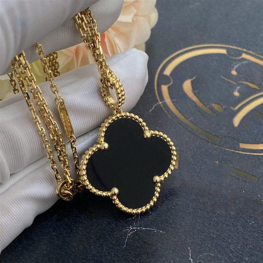 [⭐JeweliWhal]COLLIER TRÈFLE 25MM ONYX PLAQUÉ OR GRAND TRÈFLE