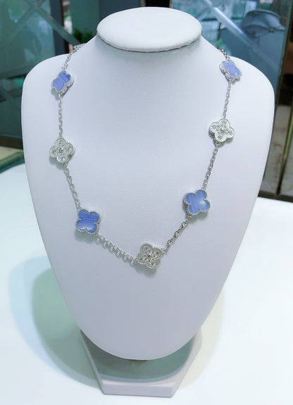 [⭐JeweliWhal]CLOVER 10 MOTIFS CHALCEDOINE DIAMANTS COLLIER ARGENT