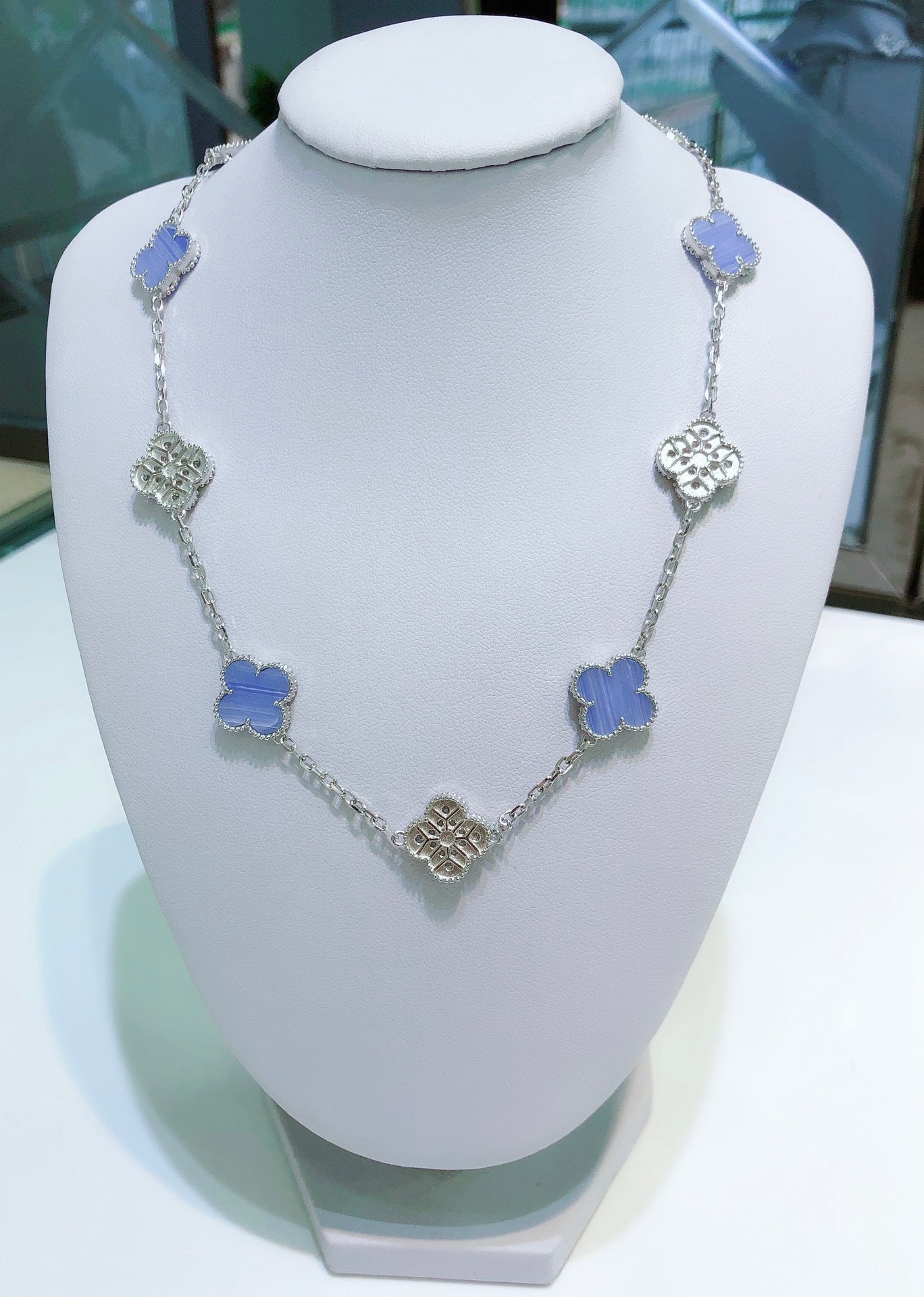 [⭐JeweliWhal]CLOVER 10 MOTIFS CHALCEDOINE DIAMANTS COLLIER ARGENT