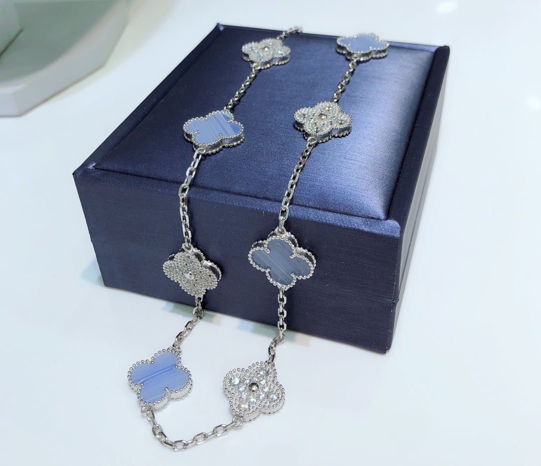 [⭐JeweliWhal]CLOVER 10 MOTIFS CHALCEDOINE DIAMANTS COLLIER ARGENT