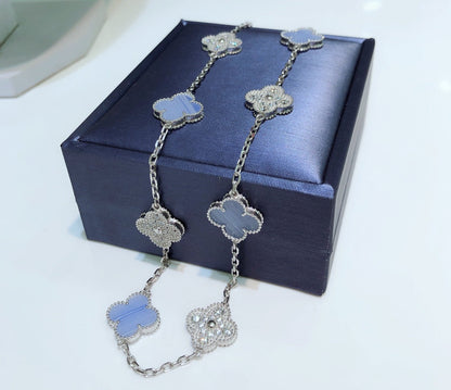 [⭐JeweliWhal]CLOVER 10 MOTIFS CHALCEDOINE DIAMANTS COLLIER ARGENT