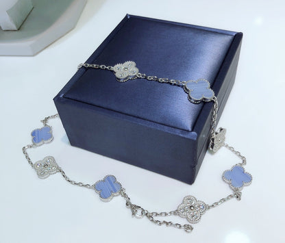 [⭐JeweliWhal]CLOVER 10 MOTIFS CHALCEDOINE DIAMANTS COLLIER ARGENT