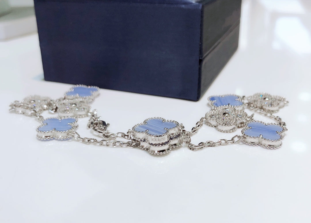 [⭐JeweliWhal]CLOVER 10 MOTIFS CHALCEDOINE DIAMANTS COLLIER ARGENT