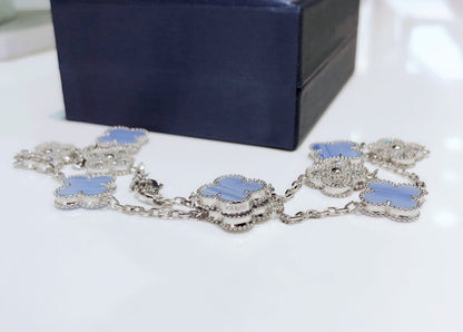 [⭐JeweliWhal]CLOVER 10 MOTIFS CHALCEDOINE DIAMANTS COLLIER ARGENT