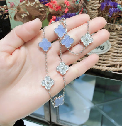 [⭐JeweliWhal]CLOVER 10 MOTIFS CHALCEDOINE DIAMANTS COLLIER ARGENT