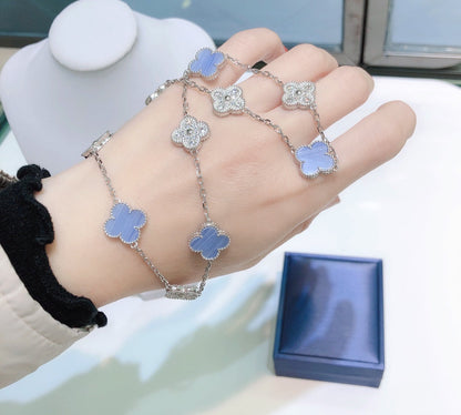 [⭐JeweliWhal]CLOVER 10 MOTIFS CHALCEDOINE DIAMANTS COLLIER ARGENT