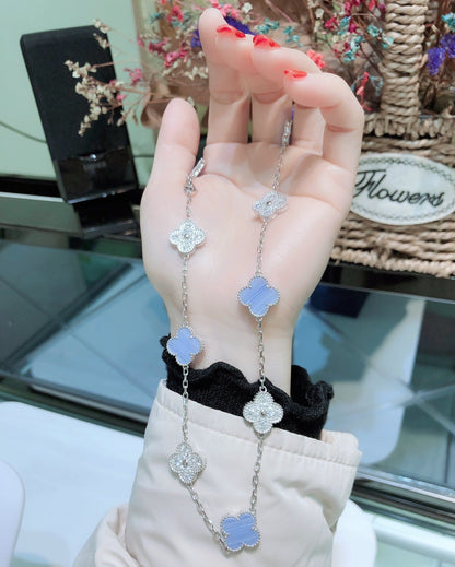 [⭐JeweliWhal]CLOVER 10 MOTIFS CHALCEDOINE DIAMANTS COLLIER ARGENT
